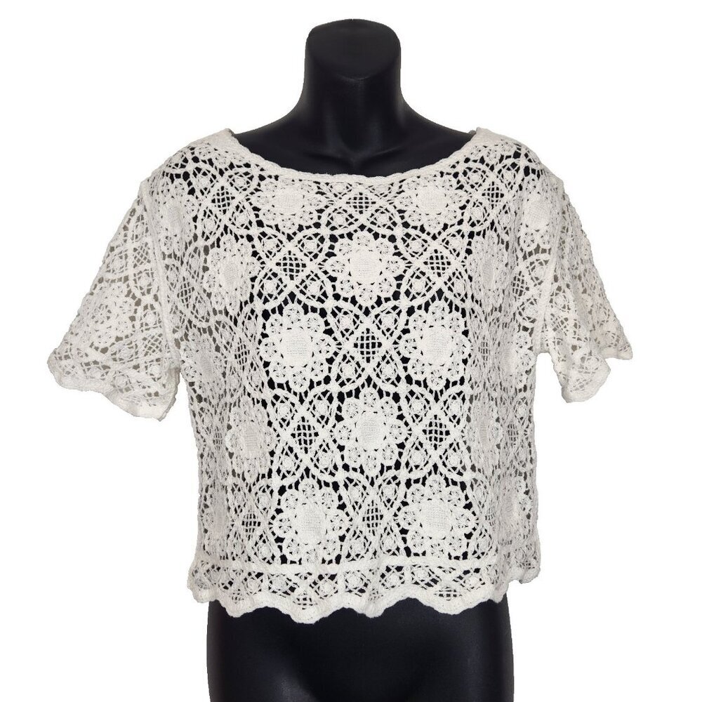 Sundance Crocheted‎ Cropped Top XS White Short Sleeve Cotton Cottagecore